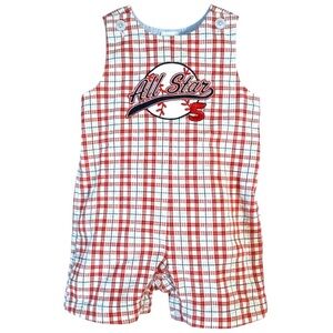 Vintage Proffitt’s Red Plaid “All Star 5” Seersucker Romper Baby Boy 12M Y2K